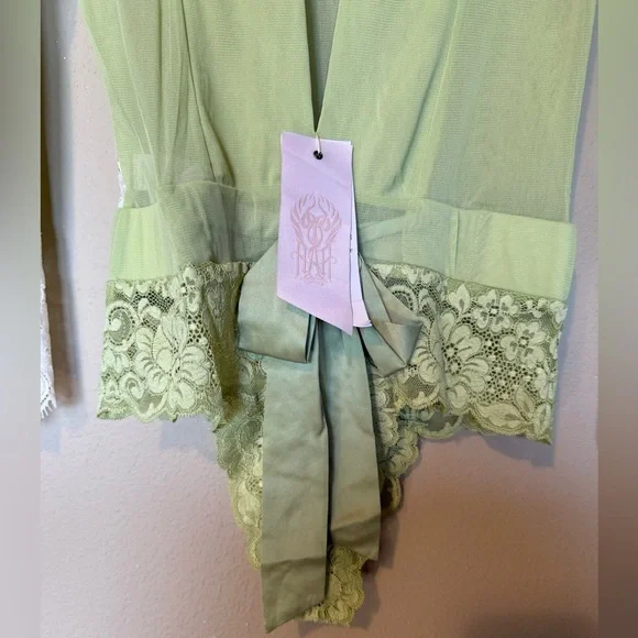 Free People x We Are HAH Lime Green Cream Lace Sheer Bodysuit NWT Size Small